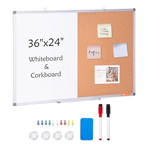 VEVOR 36"x 24" Whiteboard & Cork Board Combo with Aluminum Frame ? 2-in-1 Magnetic Dry Erase Bulletin Board for Wall Mount ? Ideal for School, Home, Office