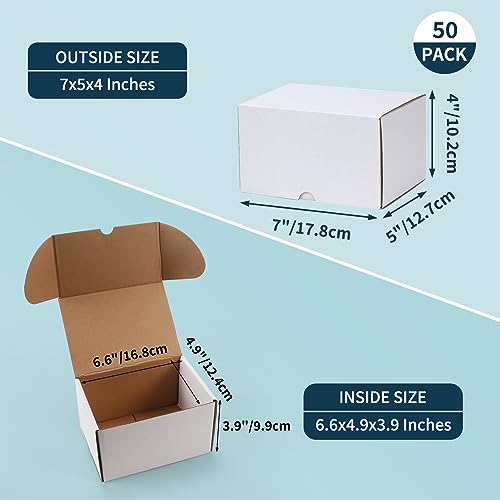 WIFTREY 50 Pack 7x5x4 White Corrugated Shipping Boxes for Small Business Packaging