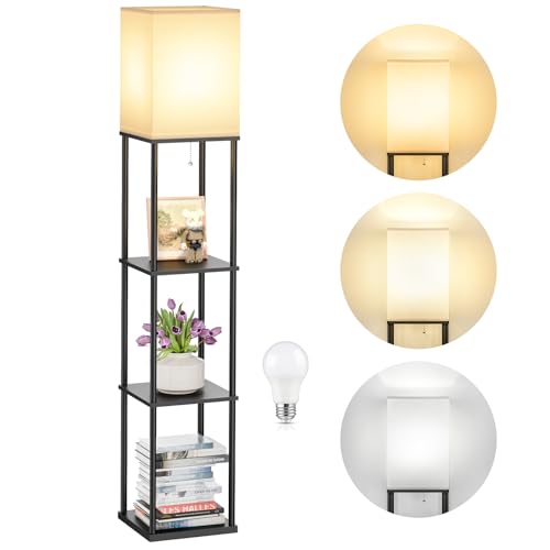 Black SHINE HAI Floor Lamp with Shelves - Modern 3-Tier Square Shelf Lamp