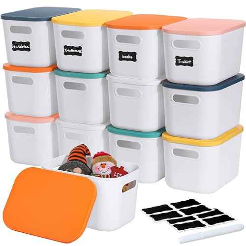 Thyle 12 Pack 7 Quarts Plastic Storage Bins for Christmas Storage with Lids Handles Colorful Stackable Desktop Box Bins with Label for Shelf Drawer,10 x 7 x 6 Inch (White)
