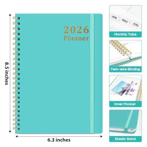 2026 Planner, Weekly and Monthly Calendar Planner, January 2026 - December 2026, Hardcover 2026 Calendar Planner Book with Tabs For Women & Men, Inner Pocket, Spiral Bound, Perfect for Office Home School Supplies - A5 (6.3" x 8.5"), Aquamarine