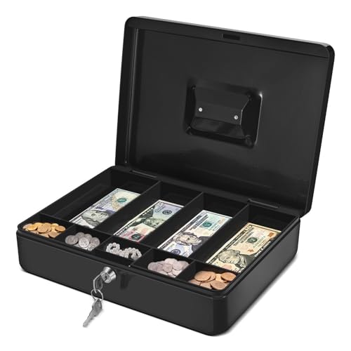 Flexzion Black Cash Box with 9-Compartment Tray, Lock & Key – Portable Money Box for Checks & Coins