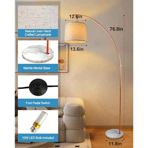 Lightdot Arc Floor Lamps for Living Room, Modern Standing Lamp with Hanging Drum Shade, Tall Standing Floor Lamp with Foot Switch, Over Couch Arched Reading Light for Bedroom, Office (Orange)
