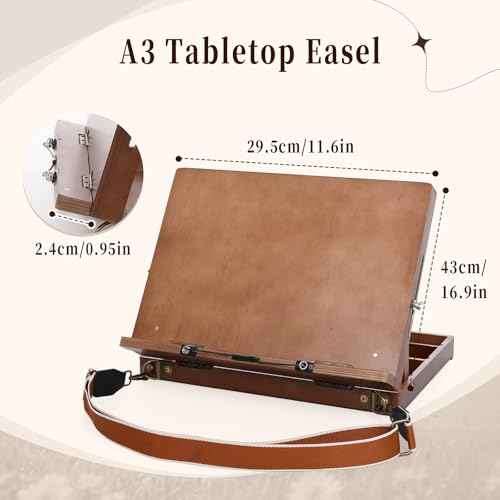A3 Tabletop Easel for Painting with Page Clips and Strap, Desktop Art Easel, Adjustable from 0¡Æ to 90, Indoor Outdoor, Wooden Drawing Board for Sketching, Book, Diamond Art for Students, Beginner