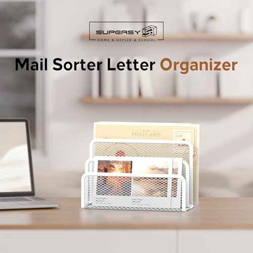 SUPEASY Mail Organizer for Desk, Mesh Metal Mail Holder Countertop with 3-Slot, Letter Sorter File Holder, Office Envelope Organizer for Mails (White)