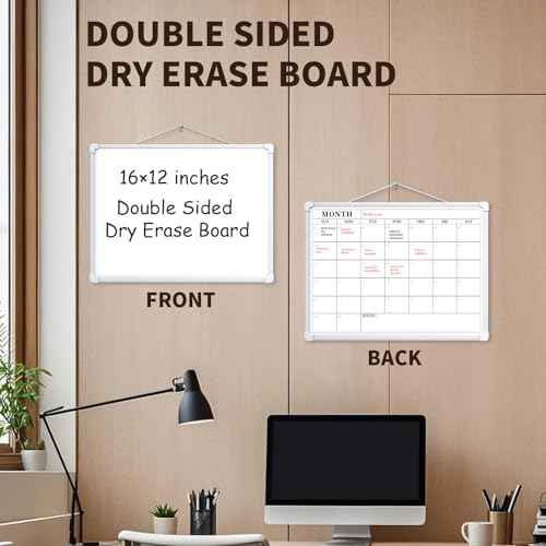 Monthly Calendar Dry Erase Board, 16"x12" White Board Dry Erase for Wall, Small Hanging Dry Erase Board, Double-Sided White Board for Home, Office, or School