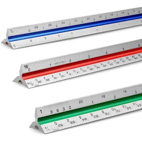 12" Architectural Scale Ruler Aluminum Architect Scale Triangular Scale Ruler for Architects, Draftsman, Students and Engineers, Color-Coded (1 Pack)