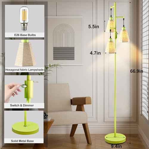 Lightdot 68IN Dimmable Floor Lamp for Living Room, Industrial 3-Light Tree Floor Lamps with LED E26 Bulbs Included, Mid Century Floor Lamp with Fabric Patterned Lampshades for Bedroom Hom Office-Green