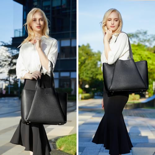 LOVEVOOK Laptop Tote for Women - 15.6 Inch Faux Leather Laptop Bag with Clutch, Large Capacity Office Purse Computer Briefcase for Casual Business Travel, Black