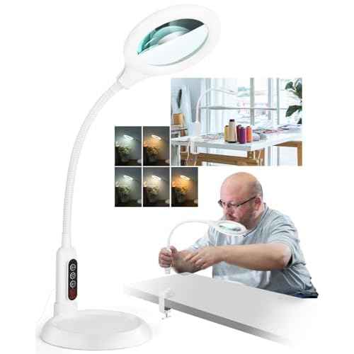 10X Magnifying Glass with Light and Stand, LED 5 Color Modes, Brightness Stepless Dimming Lighted Magnifier Hands Free, Flexible Gooseneck Desk Lamp with Clamp for Close Works, Crafts, Hobby - White