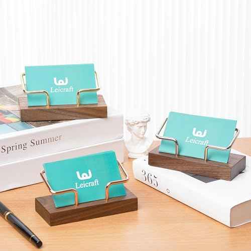 Business Card Holder for Desk, Modern Card Organizers and Office Desk Accessories for Men and Women (Walnut Golden)