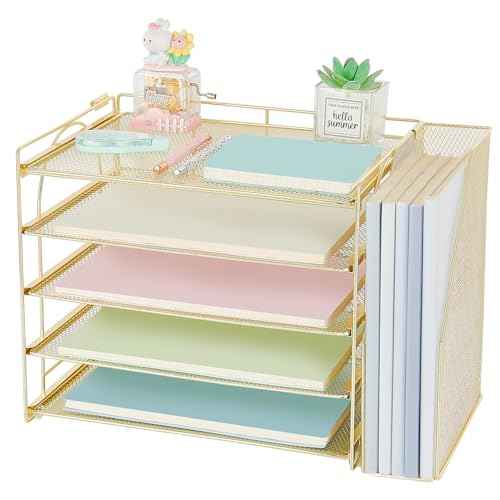 AUPSEN Gold Desk Accessories Organizer,5-Tier Letter Tray Paper Organizer with Adjustable File Holder, Desktop Office Desk Accessories for Office Supplies