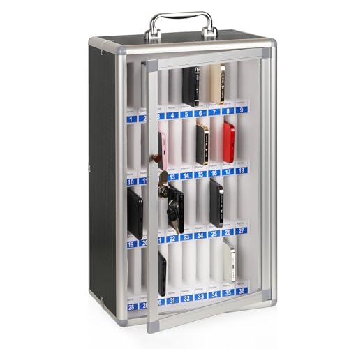 Loghot Aluminum Alloy Pocket Chart Cell Phones Storage Cabinet for Cell Phones,Wall-Mounted with a Locked,Can be Carried by Hand (36 Slots Black)