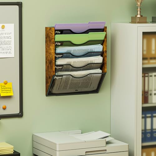 Koozuuyk 5-Tier Ironwood Wall-Mounted File Organizer with 5 Pockets, Mesh Mail and Document Holder, Black