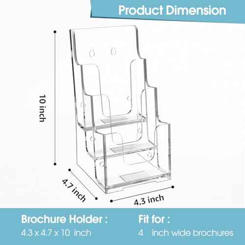 MaxGear Acrylic Brochure Holder, 4 Inch Wide 3 Tier Literature Display Stand, Clear Premium Acrylic Pamphlet Holder, Multi Pocket Wall Mount or Countertop Organizer, Office or Home Use, 4 Pack