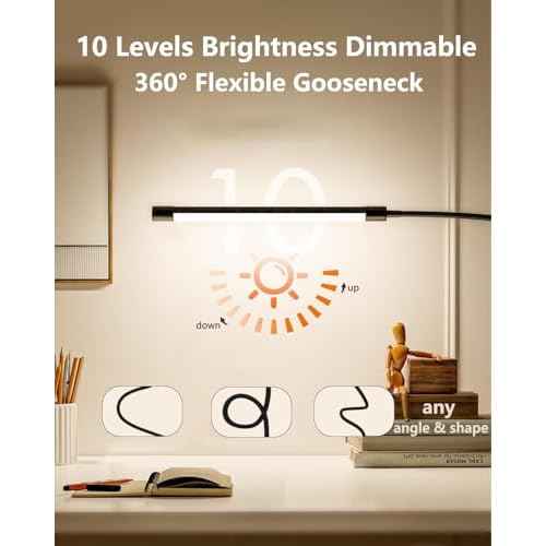 JHD LED Desk Lamp with Clamp - Adjustable 3 Color Modes 10 Brightness Level Table Lamp, USB Eye Caring Flexible Gooseneck Desk Light for Home Office, Dorm Room, Reading, Nail, Clip On Light, Black