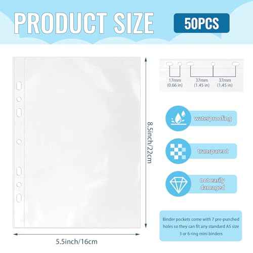 50 Pack 5.5x8.5 Inch Sheet Protectors for 3 or 6 Ring A5 Binder, Half Letter Size 7 Holes Mini Heavy-Duty Sheet Protector Sleeves Crystal Clear Playbill Binder Pockets