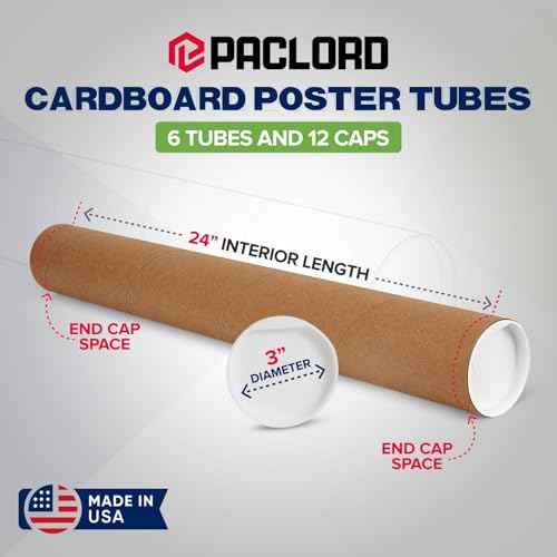 3" x 24" Reinforced Kraft Paper Mailing Tubes, Pack of 6 Tubes with 2 Caps Each ? USPS Approved Poster Tube ? Made in USA Cardboard Tube for Shipping and Storing Posters, Prints, Artwork, or Documents