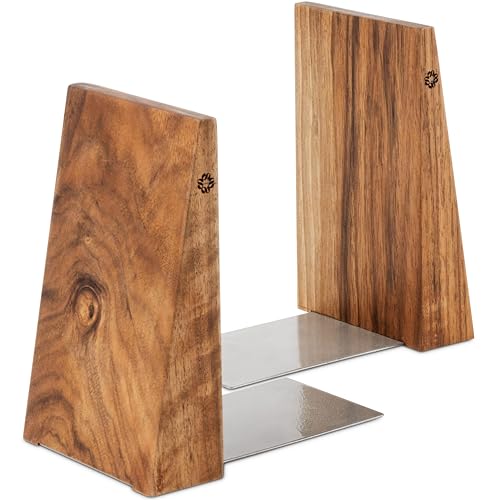 TILISMA Walnut Wooden Book Ends with Metal Base - Handmade Sturdy Book Holders