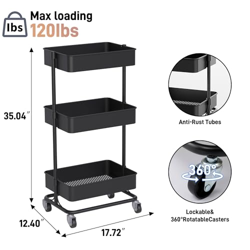 TECBOT 3 Tier Metal Rolling Cart with Wheels, Utility Storage Cart with Handle and Lockable Casters, Storage Basket Organizer Shelves, Easy Assemble for Kitchen, Living Room, Office, Nursery, Black