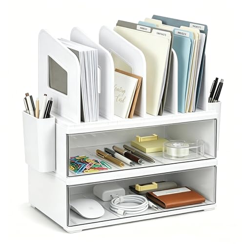 Desk Organizer with 4 File Slots, 2 Drawers, White | CiWiVOKi