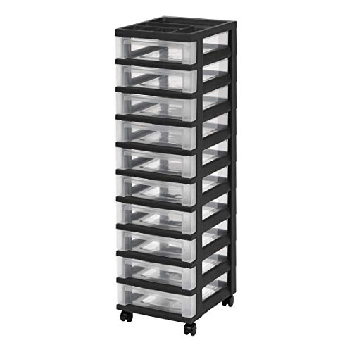 IRIS USA MC-3100-TOP 10-Drawer Storage Cart with Organizer Top, Black/Clear
