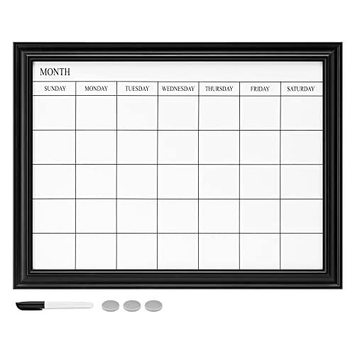 Navaris Framed Calendar Whiteboard for Wall - 18" x 24" Magnetic Dry Erase Monthly Planner - White Board with Frame - Includes Magnets and Marker