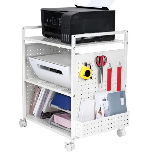 Mythinglogic 3-Tier Printer Stand, Metal Office Organizer with DIY Panels, Adjustable Height Rolling Printer Cart Holder with Lockable Wheels for Office, Home, Kitchen, Gaming (White)