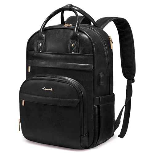 LOVEVOOK Vintage PU Leather 15.6 inch Women's Laptop Backpack, Black, 25L, Water Resistant, USB Charging Port