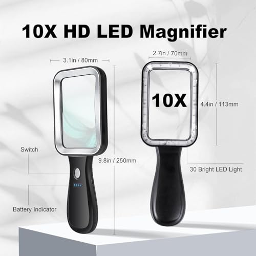 GABORISH 10X Magnifying Glass with Light - Rechargeable, Adjustable 3 Color Modes, Rectangular Lens