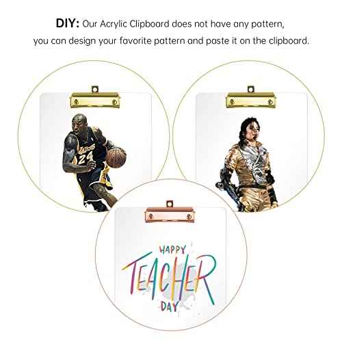 Moocci Thick Acrylic Clear Clipboards Cute Transparent Bulk Gold Clipboard with Strong Clip and Hidden Hanging Hole for A4 Paper, Art Student, Drawing, Office, School, Warehouse, Classroom, 9PC