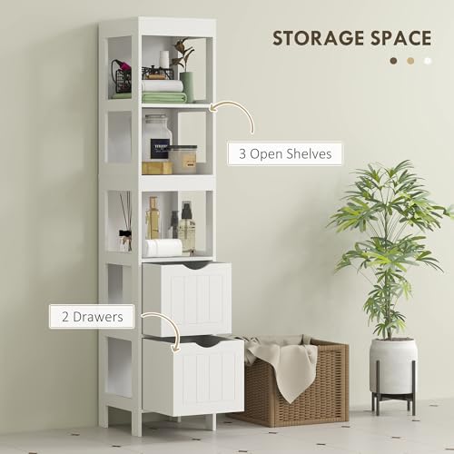 HOMCOM Narrow Bathroom Storage Cabinet, Bathroom Floor Cabinet with 2 Drawers & 3 Open Shelves, Freestanding Slim Storage Organizer for Small Spaces, White