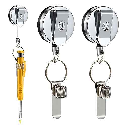Landhoow 2 Pcs Retractable Pull Pen Pencil Holder, 27.5'' Retractable Pen Holder for Carpenters, Workers, Nurses, Bricklayer, Waiter, Universal Pencil Lanyard with Belt Clip and Key Ring
