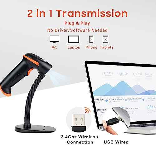 Tera Barcode Scanner Wireless 1D Laser Cordless Barcode Reader with Battery Level Indicator, Versatile 2 in 1 2.4Ghz Wireless and USB 2.0 Wired with Stand Model 5100-Z
