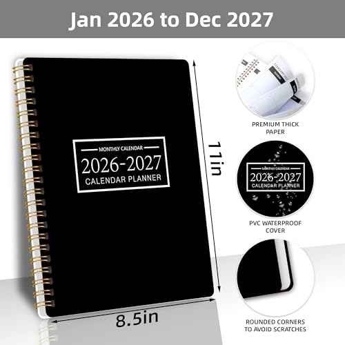 Monthly Planner Jan 2026 - Dec 2027, Monthly Planner for 24 Monthes, 9¡¿11 Inch, Teacher Monthlys, Hard PVC Cover, Spiral Bound, Time Management Calendar, Perfect for School & Office (Black)