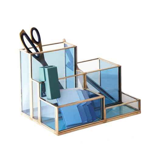 FONDAZZA 5-Compartment Desk Organizer for Home Office Supplies, Gold Brass with Blue Glass, Workspace Storage for Stationery, Cosmetic, Makeup Tools and Brush.