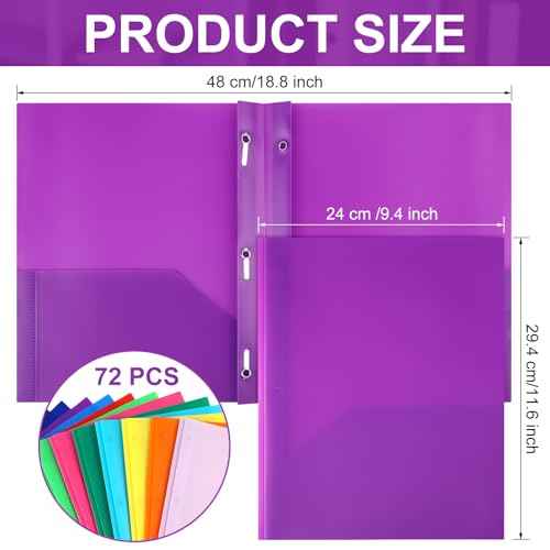 Cholemy 72 Packs Pocket Folders with Prongs Heavy Duty Plastic Folder with Business Card Slot 3 Prong Fasteners for School Office (Bright)