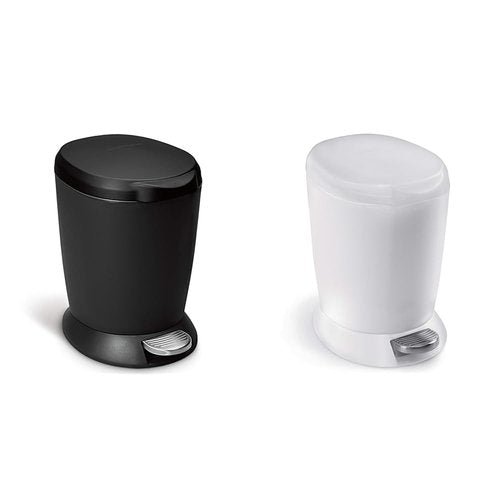 simplehuman 6 Liter Round Plastic Bathroom Trash Can Bundle, Black and White
