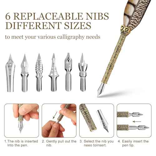 GC QUILL Calligraphy Pen Set - Feather Dip Pen,Dual Tip Calligraphy Fountain Pen, Stamp, Wax Candle, Pen Base, Ink Bottle, Ink Cartridges L1492