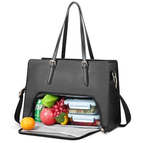 BERTASCHE Laptop Tote Bag with Insulated Lunch Compartment, 15.6 Inch PU Leather Work Bag Computer Briefcase for Women, Waterproof Laptop Shoulder Handbag for Business,Office,Work, Black