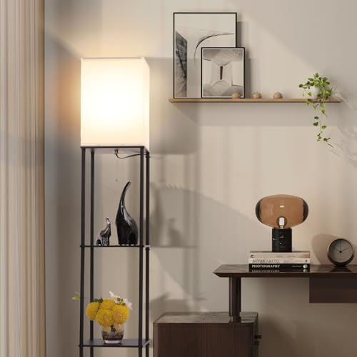 Gupuzm Black Floor Lamp with Shelves, Modern Corner Bookcase & Storage