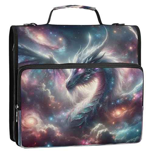 Kigai Galactic Dragon 3 Ring Zipper Binder with Handle & Shoulder Strap Trapper Keeper Expanding File Multiple Pockets Binder Organizer