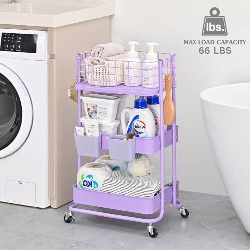 KINGRACK 3 Tier Rolling Cart, Metal Mobile Storage Shelf with Lockable Wheels, Prevent Falling Utility Trolley Cart, Storage Organizer for Kitchen, Office, Bathroom, Dorm, Purple