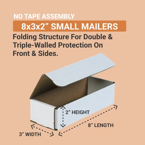 Aviditi White Corrugated Cardboard Mailing Boxes, 8 x 3 x 2 Inches, Pack of 50, Crush-Proof, For Shipping, Mailing and Storing