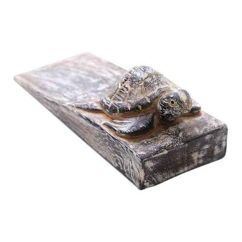 NOVICA Artisan Handmade Wood Door Stopper Whitewashed Baby Turtle Suar from Bali Black Indonesia Decor Accessories Decorative Hardware Animal Themed Frog Turtleturtlesea Life [2in H x 6.5in W x 2.4in]