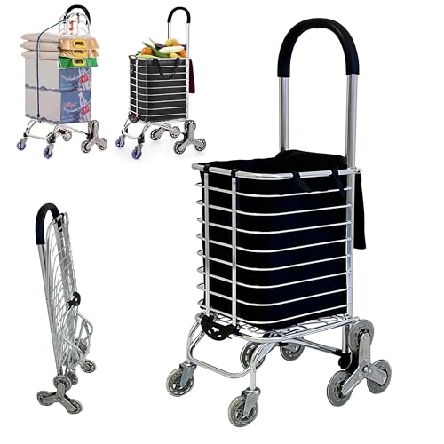 Folding Shopping Cart with Wheels 360 Degree Rolling Swivel Grocery Cart with Removable Oxford Cloth Liner Climber Cart for Groceries Luggage Laundry,Trolley for Stair, Laundry, Travel