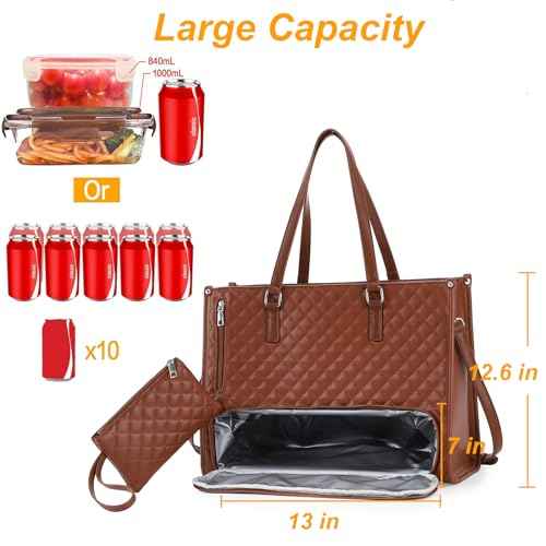Laptop Tote Bag with Insulated Lunch Compartment for Women, 15.6 Inch PU Leather Briefcase with Leakproof Lunch Box Pocket