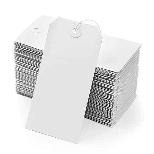 White Tags with Elastic String Attached - Coideal 350 Pcs Blank Hanging Paper Tag Strung Cardstock Shipping Tags with Reinforced Hole for Labeling Price Inventory Luggage 4 3/4" x 2 3/8"