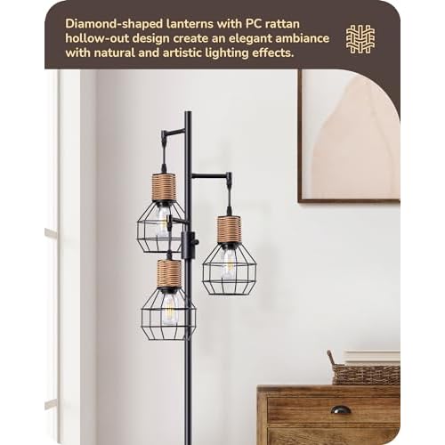 EDISHINE Dimmable Farmhouse Floor Lamp for Living Room, Industrial Black Standing Lamp with 3 LED Edison Bulbs, Corner Rustic Rattan Tall Tree Reading Lamps Home Decor for Bedroom, Office
