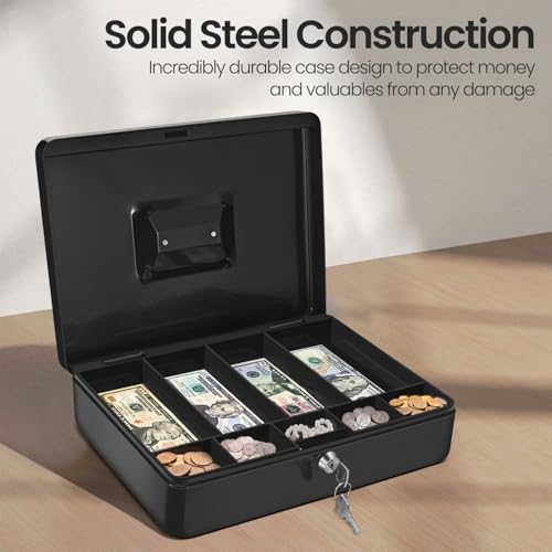 Flexzion Black Cash Box with 9-Compartment Tray, Lock & Key – Portable Money Box for Checks & Coins